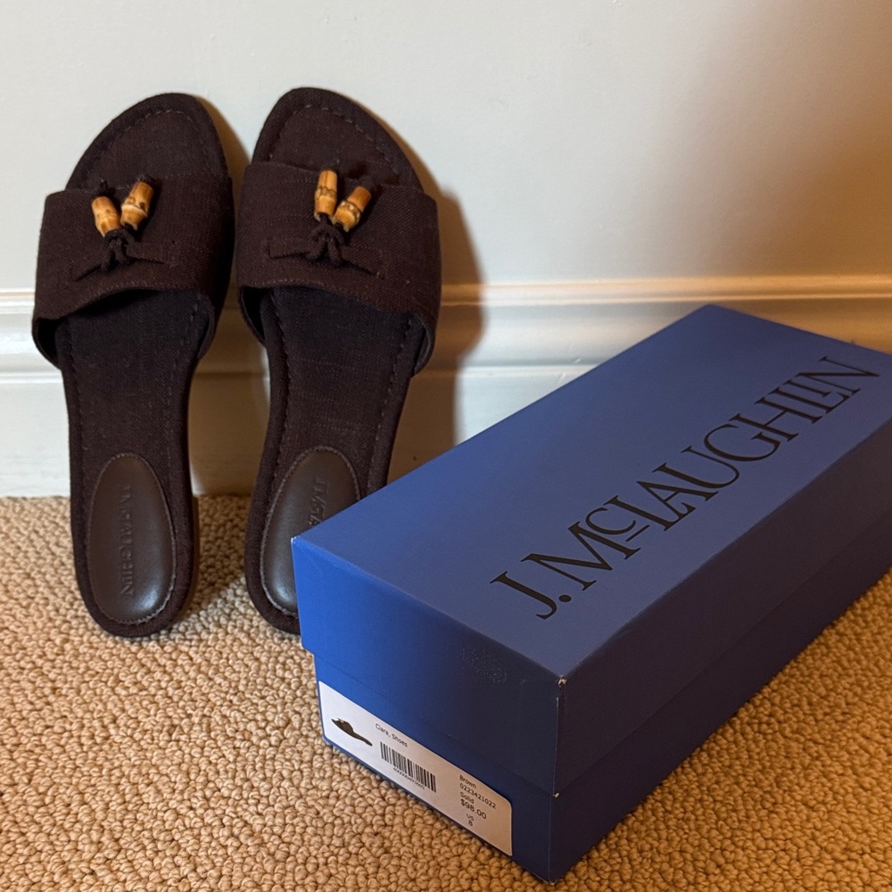 J. McLaughlin Dark Brown Slide Sandals with Bamboo Detail Size 8